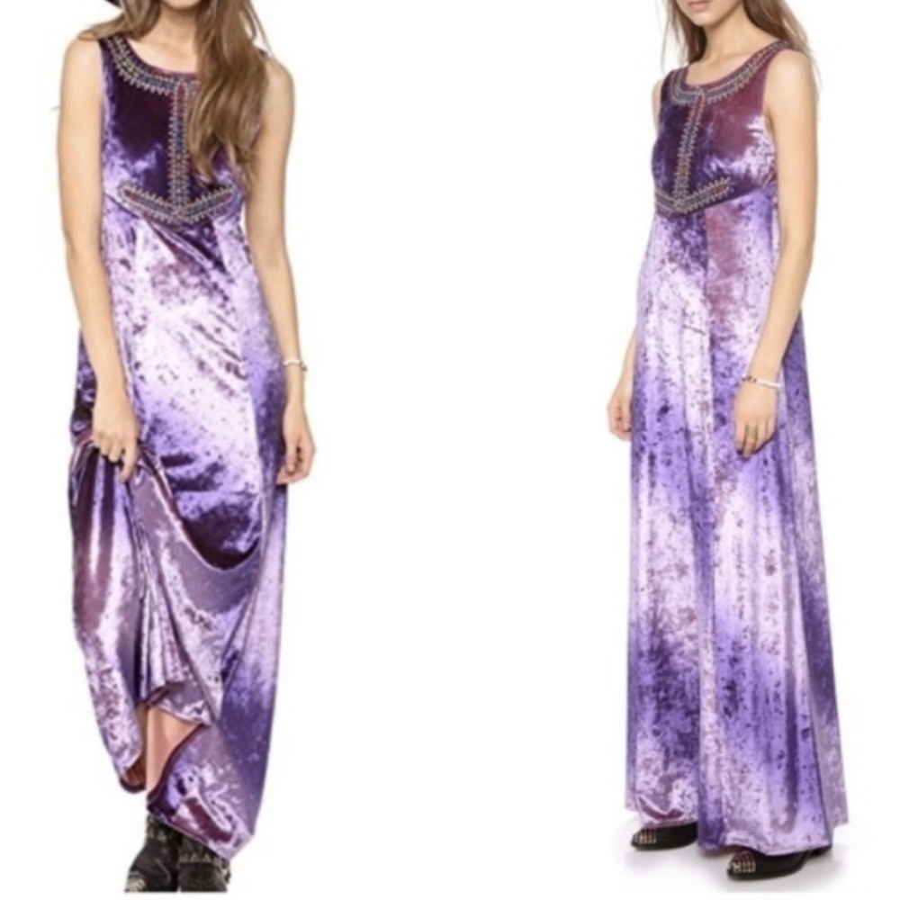 Free people purple velvet maxi dress neck embroidered boho style - Picture 2 of 11